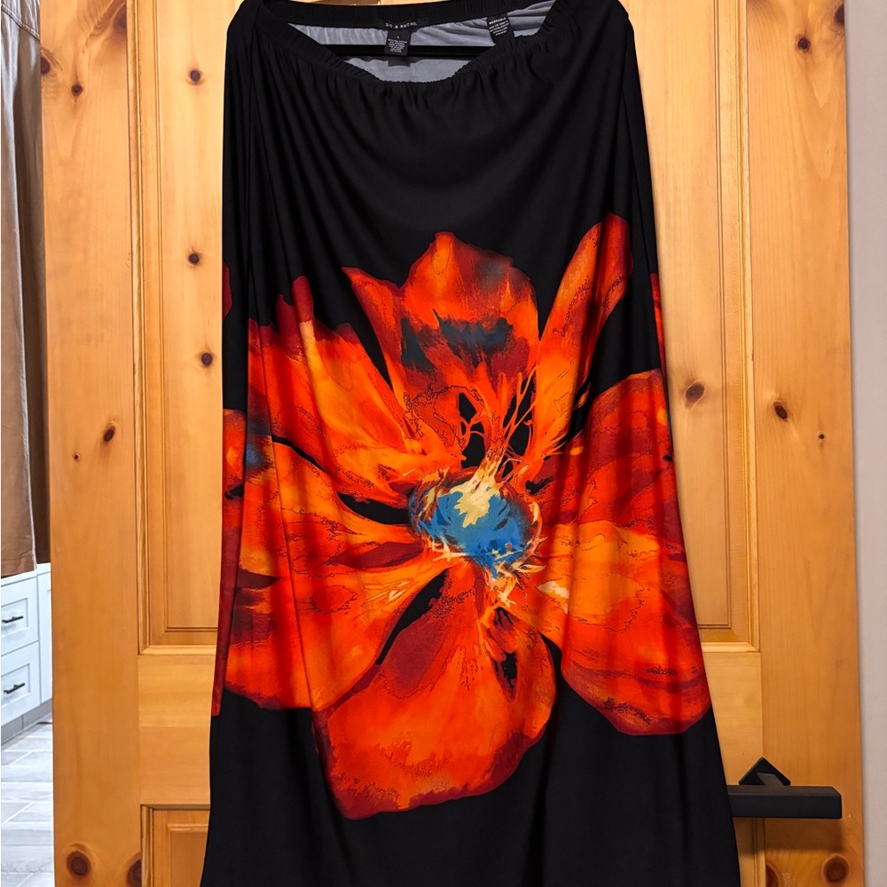 Black Maxi Skirt with Bold Orange Floral Print
